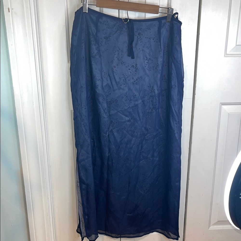 NWT SZ 16 Chelsea Cambell maxi dark blue sheer floral skirt 100% SILK